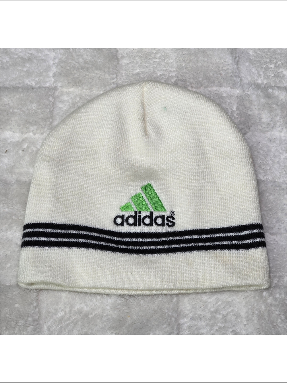Vintage Adidas Beanie Off White/Black/Green Embroidered Logo *Spot Clean Needed*